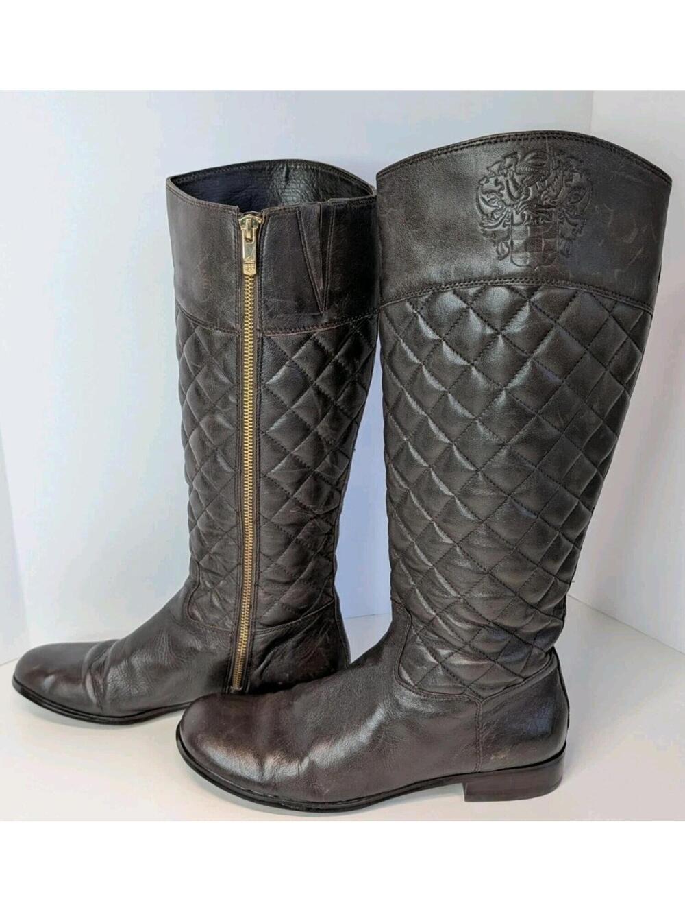 Vince Camuto Brown Quilted Leather Tall Riding Boots Gold Zipper Sz 8.5 VGC